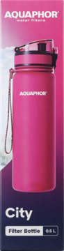 Różowa butelka filtrująca Aquaphor City 0.5L w opakowaniu. Widoczny przód butelki z białym logo.