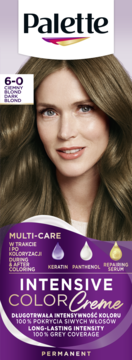 Opakowanie farby do włosów Palette Intensive Color Creme 6-0 Ciemny Blond, z modelką, widok z przodu.
