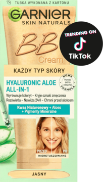 Garnier BB Cream Hyaluronic Aloe All-in-1, jasny odcień, w beżowej tubce z kartonu, z logo TikTok, widok z przodu.