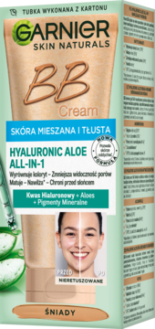 Garnier BB Cream Hyaluronic Aloe All-in-1, średni odcień, beżowa tubka, widok z przodu.