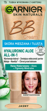 Garnier BB Cream Hyaluronic Aloe do skóry mieszanej i tłustej, jasny, w brązowej tubce z kartonu.