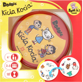 Dobble Kicia Kocia gra: czerwono-żółte pudełko z okrągłym metalowym etui i postaciami z bajek, widok z przodu.