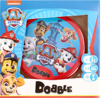 Niebieskie pudełko gry Dobble Psi Patrol z okrągłą grafiką postaci, widok z przodu.