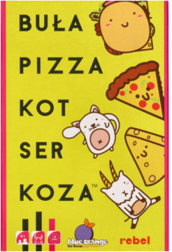 Gra Buła Pizza Kot Ser Koza, pudełko z tytułem i rysunkami taco, pizzy, kota, sera i kozy na żółtym tle.