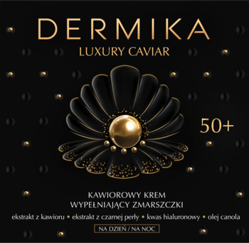Dermika Luxury Caviar 50+ kawiorowy krem na zmarszczki, czarny baner ze złotą perłą.