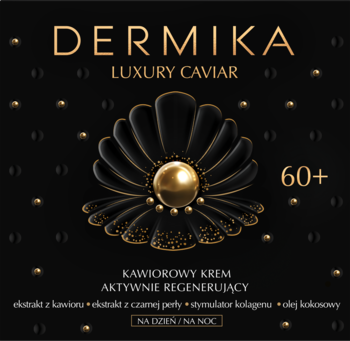 Dermika Luxury Caviar 60+ krem regenerujący. Czarne tło, złota perła w ozdobnej muszli.