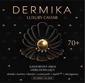 Reklama kremu Dermika Luxury Caviar 70+ odbudowującego, czarne tło, złota perła w muszli, złote napisy.