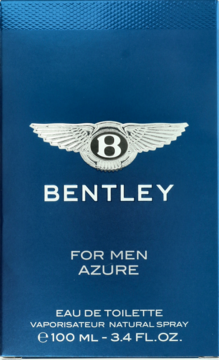 Ciemnoniebieskie pudełko perfum Bentley For Men Azure Eau De Toilette 100ml z srebrnym logo Bentley na froncie.