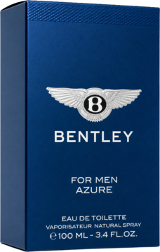 Granatowe pudełko perfum Bentley Azure For Men Eau de Toilette 100ml z logo, widok z przodu pod kątem.