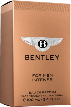 Bentley for Men Intense Eau de Parfum w miedzianym pudełku z logo Bentley, widok z przodu pod kątem.