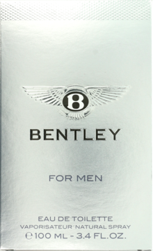 Srebrne, metaliczne opakowanie wody toaletowej Bentley For Men, z czarnym logo i napisem na froncie.