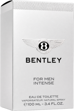 Bentley For Men Intense woda toaletowa, srebrne pudełko z logo Bentley, widok pod lekkim kątem.