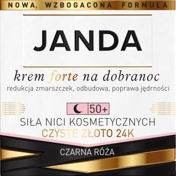 Opakowanie kremu Janda forte na dobranoc 50+ z 24K złotem, biało-czarne ze złotymi liniami, widok z przodu.
