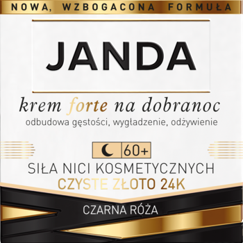 JANDA krem forte na dobranoc 60+, biało-złote opakowanie, z czystym złotem 24K i nićmi kosmetycznymi.