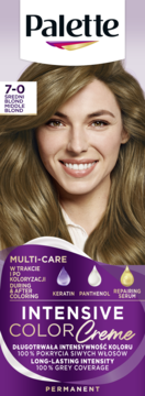 Palette Intensive Color Creme 7-0 Średni Blond, opakowanie z uśmiechniętą modelką i nazwą farby do włosów.