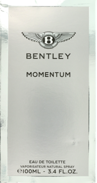 Srebrny, lśniący kartonik wody toaletowej Bentley Momentum 100ml, widok z przodu z logiem.