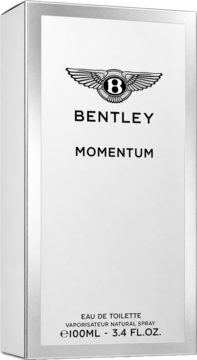 Bentley Momentum woda toaletowa dla mężczyzn w eleganckim białym pudełku ze srebrnym logo, widok pod kątem.