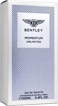 Przednie ujęcie białego pudełka wody toaletowej Bentley Momentum Unlimited 100ml z niebieskim geometrycznym wzorem.