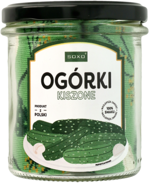 Męskie skarpety SOXO zielone, zapakowane w szklany słoik stylizowany na "Ogórki Kiszone", widok z przodu.