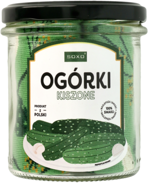 Męskie skarpety SOXO zielone, zapakowane w szklany słoik stylizowany na "Ogórki Kiszone", widok z przodu.