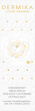 Dermika Luxury Ceramides, liftingujący krem-serum pod oczy, w białym opakowaniu z pikowanym wzorem i złotymi elementami.