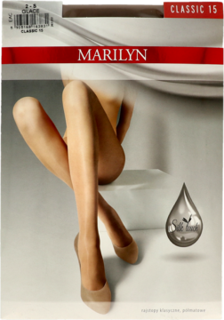 Opakowanie rajstop Marilyn Classic 15 DEN, cielistych, półmatowych, z grafiką nóg modelki i logo Silk Touch.