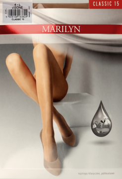 Opakowanie półmatowych rajstop Marilyn Classic 15 DEN z proteinami jedwabiu, widok z przodu.