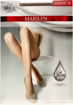 Opakowanie Marilyn Classic 15 den: półmatowe, cieliste rajstopy na modelce, czerwony branding i Silky Touch.
