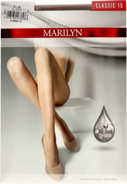 Opakowanie Marilyn Classic 15 den: półmatowe, cieliste rajstopy na modelce, czerwony branding i Silky Touch.