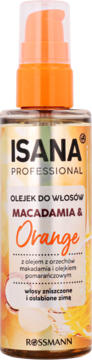 Przedni widok szklanej butelki Isana Professional Macadamia & Orange olejek do włosów z pompką.