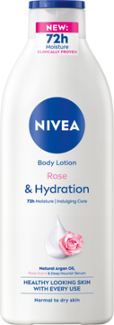 NIVEA Rose & Hydration balsam do ciała w białej butelce z niebieską nakrętką i różą, 72h, widok z przodu.