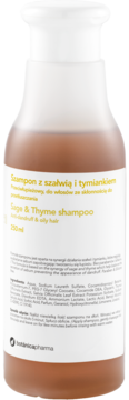 Brązowy szampon Botanicapharma Szałwia & Tymianek, 250ml, w białej butelce z pompką, do włosów przetłuszczających się.