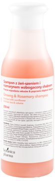 Szampon Botanica Pharma Ginseng & Rosemary na objętość, biała butelka z pompką, widok z przodu.