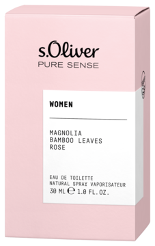 S.Oliver Pure Sense woda toaletowa 30ml dla kobiet, różowe pudełko, widok z przodu, lekko pod kątem.