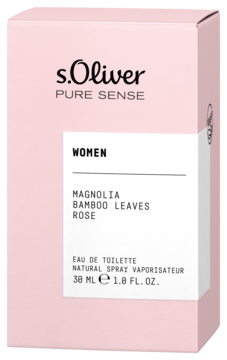 S.Oliver Pure Sense woda toaletowa 30ml dla kobiet, różowe pudełko, widok z przodu, lekko pod kątem.