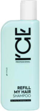 Jasnoniebieski szampon ICE PROFESSIONAL Refill My Hair do włosów suchych i zniszczonych, widok z przodu.