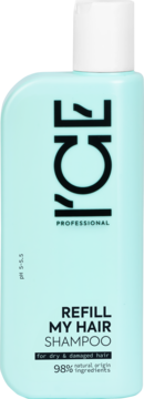 ICE PROFESSIONAL Refill My Hair Shampoo do włosów suchych i zniszczonych, jasnoniebieska butelka, biały korek, widok z przodu.