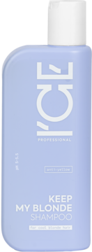 Fioletowy szampon ICE PROFESSIONAL My Blonde anti-yellow, widok z przodu, białe napisy, prostokątna butelka.