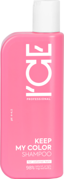 ICE KEEP MY COLOR SHAMPOO w różowej butelce z białą zakrętką, do włosów farbowanych, 98% naturalny skład, widok z przodu.