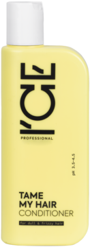 ICE TAME MY HAIR CONDITIONER, żółta butelka z białym zamknięciem, dla włosów matowych i puszących się, widok z przodu.