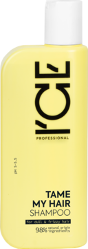 Żółty szampon ICE TAME MY HAIR w prostokątnej butelce, widok z przodu, dla włosów matowych i puszących się.