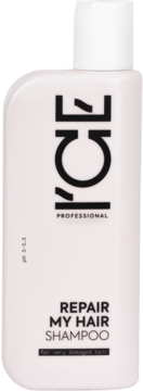 ICE Repair My Hair Shampoo, jasnoróżowa butelka z białym korkiem, widok z przodu. Napisy: ICE, pH 5-5.5, do włosów zniszczonych.