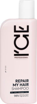 Szampon ICE PROFESSIONAL Repair My Hair do bardzo zniszczonych włosów, różowa butelka, widok z przodu.