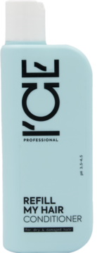 ICE Professional Refill My Hair Conditioner, błękitna butelka z białym korkiem, do włosów suchych i zniszczonych.