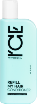 ICE Professional Refill My Hair Conditioner, jasnoniebieska butelka z białą nakrętką, do włosów suchych i zniszczonych.