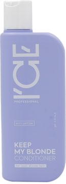 Lilac ICE PROFESSIONAL Keep My Blonde Conditioner bottle, front view, white flip-cap, anti-yellow for cool hair.