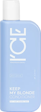 Jasnoniebieska butelka ICE PROFESSIONAL Keep My Blonde Conditioner, widok z przodu, z białym napisem 'anti-yellow'.