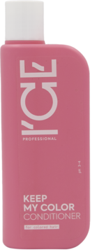 Różowa odżywka K'ICE PROFESSIONAL KEEP MY COLOR dla włosów farbowanych, butelka z białym korkiem, widok z przodu.
