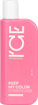 Różowa butelka ICE Professional Keep My Color Conditioner z białą nakrętką, widok z przodu, dla włosów farbowanych.