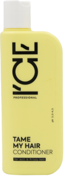 Żółta butelka odżywki ICE TAME MY HAIR CONDITIONER do włosów matowych i puszących się, widok z przodu.